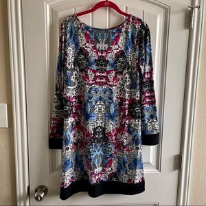 Nicole Miller Black Boho Print Long Sleeve Shift Midi Dress SZ M BNWT
